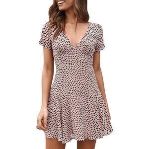Morning Mist Peach Black Polka Dot Splotch Lined VNeck Short Sleeve Mini Dress S
